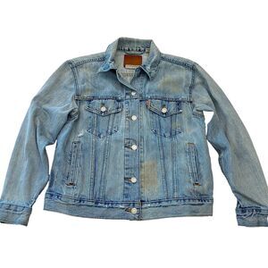 Levis Jean Jacket Womens Medium Blue Trucker Denim Distressed Western Workwear